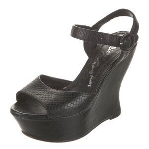 Alice + Olivia Snakeskin Leather Curved Wedge Open Toe Sandals Black Size 36/6